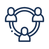 Layer in feedback: 3 people shapes embedded in a circle collaborating icon